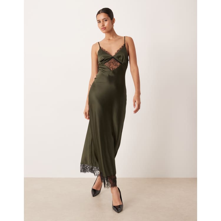 Gina Tricot satin lace maxi dress in dark green