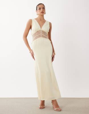 Gina Tricot Satin Lace Maxi Dress In Yellow