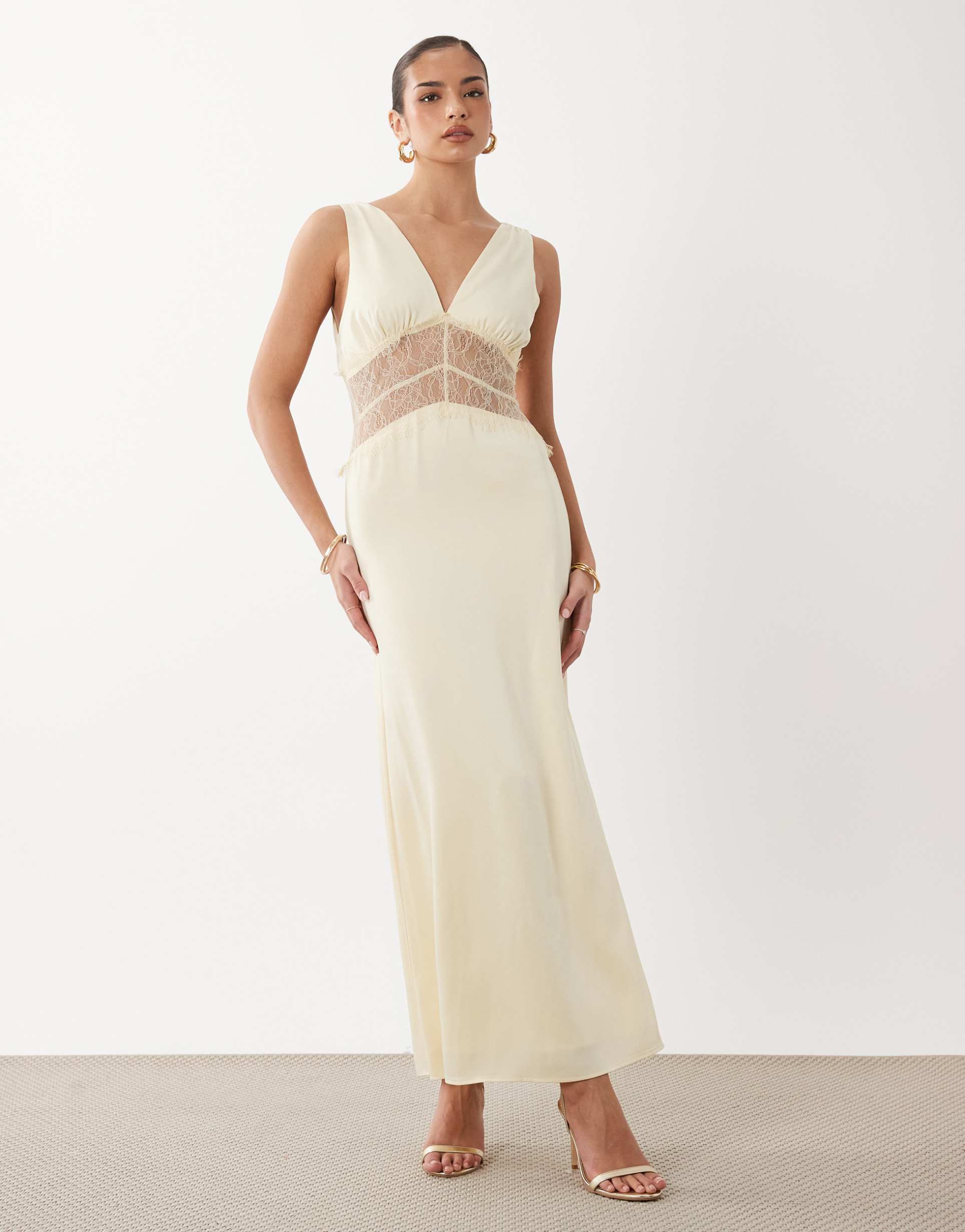 gina tricot satin lace maxi dress in yellow