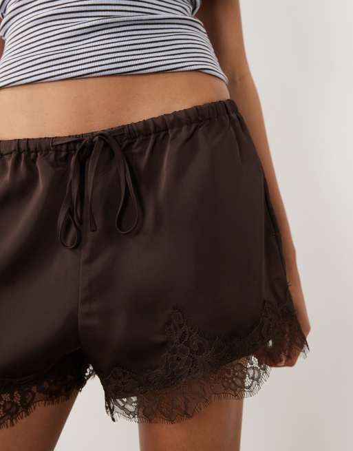 Gina Tricot satin lace shorts in dark brown, 4 of 5