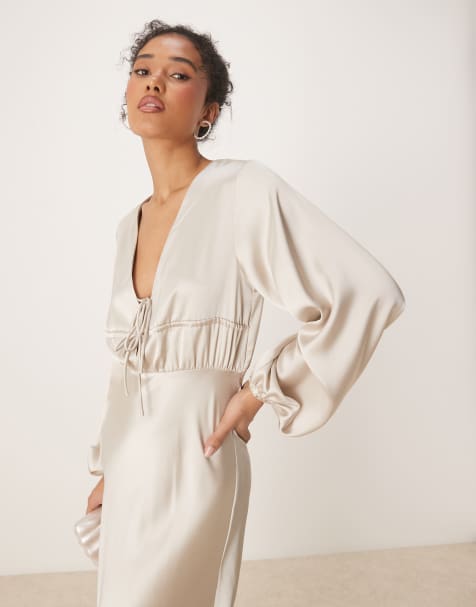 Gina Tricot satin long sleeve midi v neck tie front ruched detail in light beige - view 1
