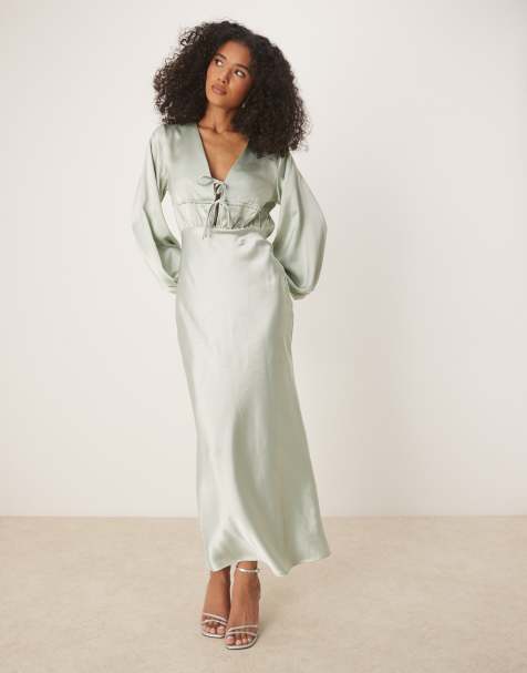Gina Tricot satin long sleeve v neck midi dress with tie front ruched detail in light green - view 1
