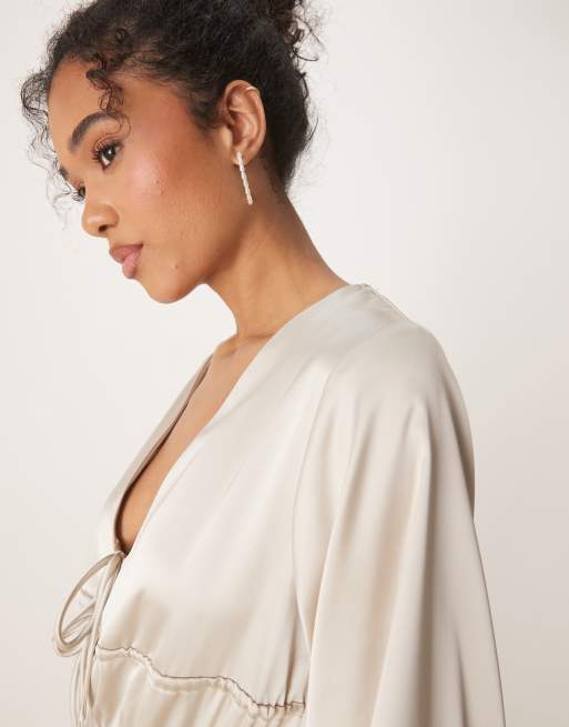 Gina Tricot satin long sleeve v neck tie front dress with ruched details in  light beige | ASOS