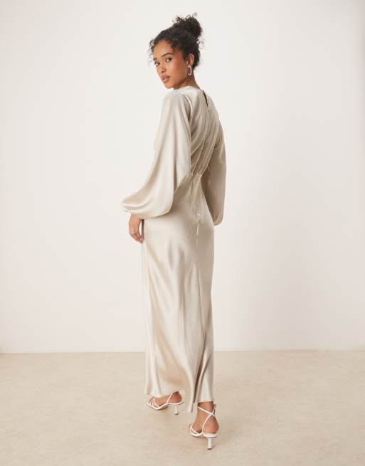 Gina Tricot satin long sleeve v neck tie front dress with ruched details in light beige
