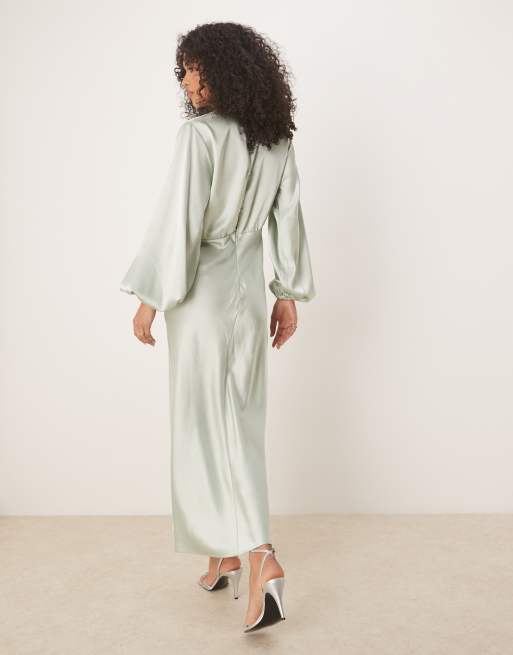 Gina Tricot satin long sleeve v neck tie front midi dress with ruched details in light green