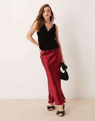 Gina Tricot Satin Maxi Skirt With Back Hem Flare Detail In Red