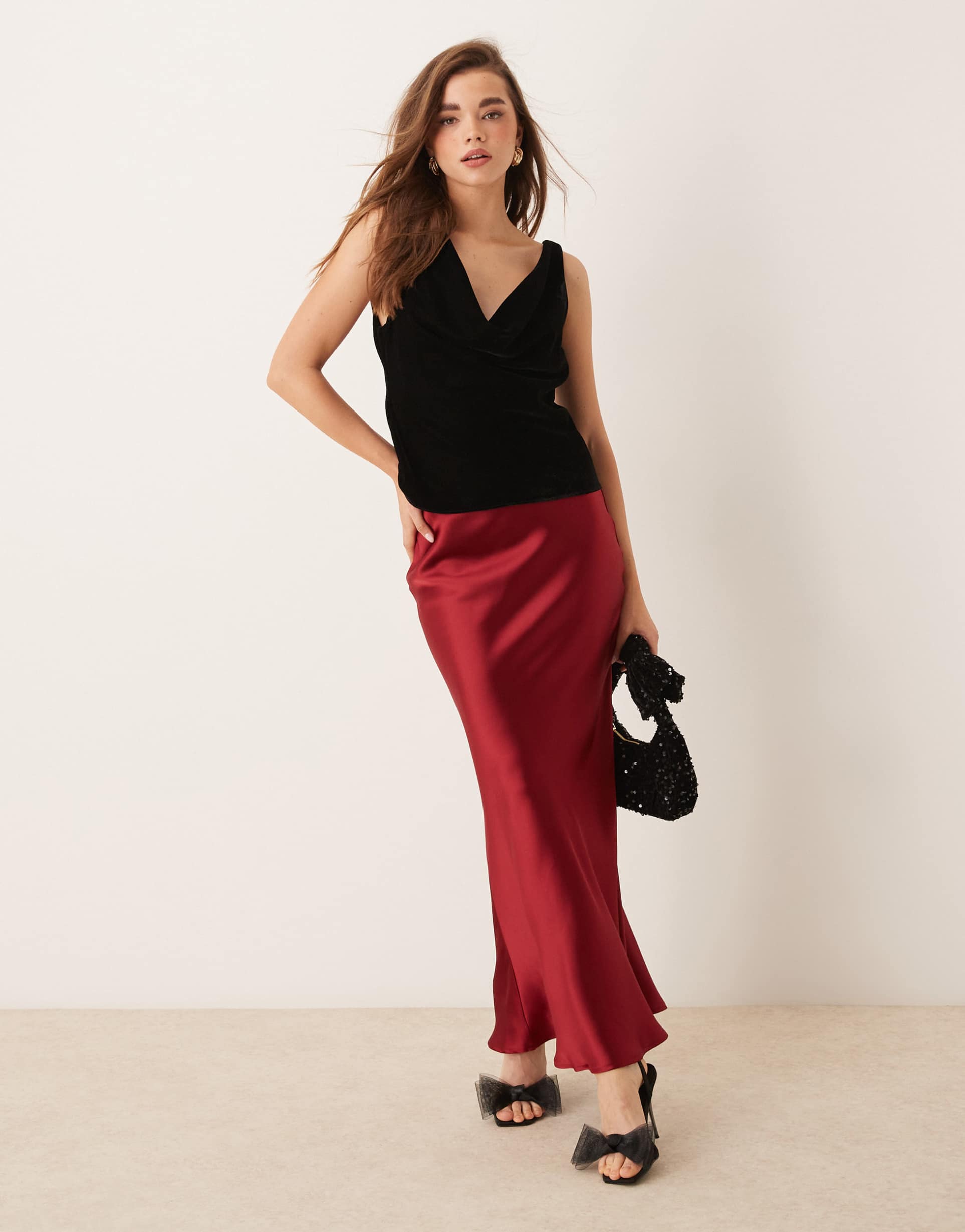 gina tricot satin maxi skirt with back hem flare detail in burgundy red
