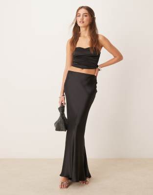 satin maxi skirt with back hem godet detail in black