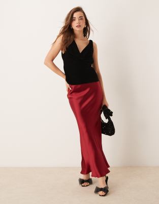 satin maxi skirt with back hem godet detail in burgundy-Red