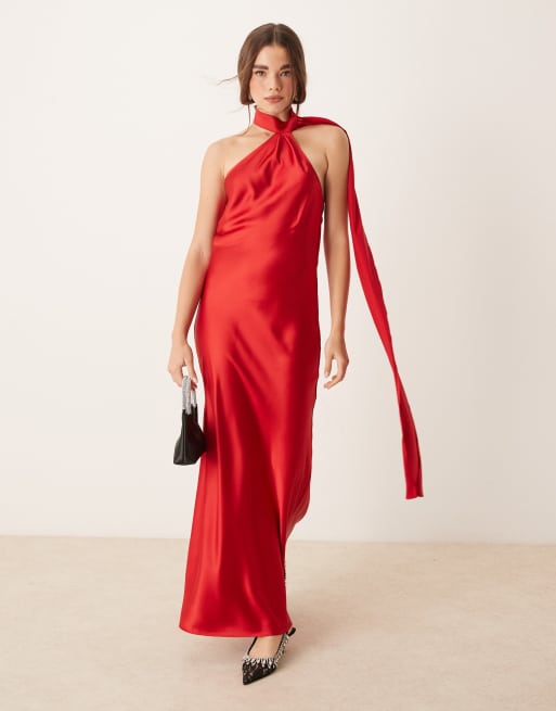 Gina Tricot – Satin-Maxikleid in Rot mit One-Shoulder-Schalträger , 3 von 4