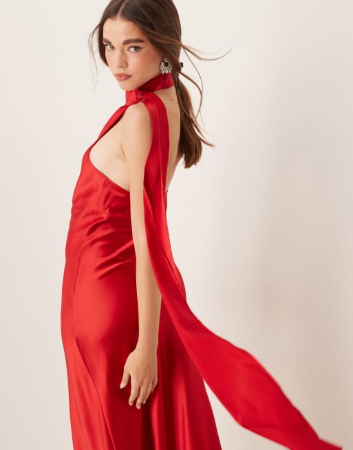 Gina Tricot – Satin-Maxikleid in Rot mit One-Shoulder-Schalträger , 4 von 4