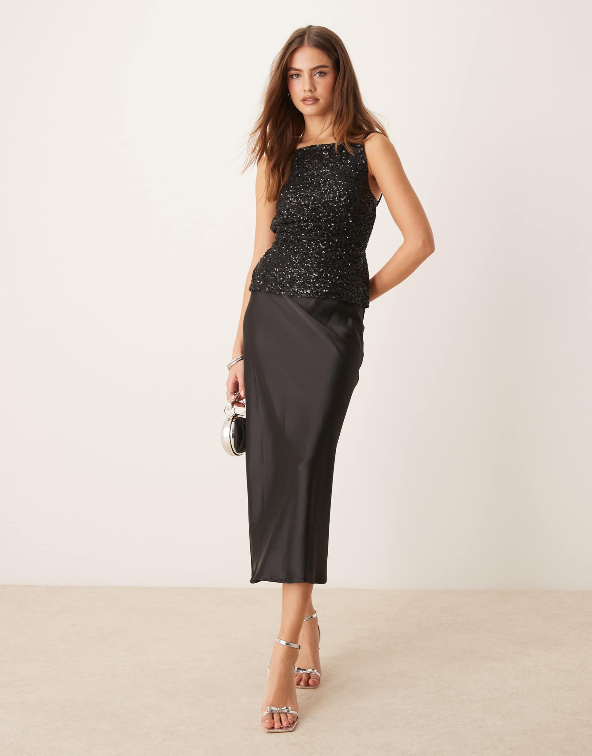 gina tricot satin midi skirt in black