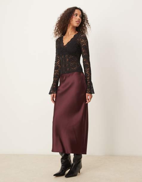 Gina Tricot satin midi skirt in burgundy