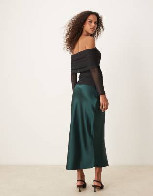 satin midi skirt in dark green