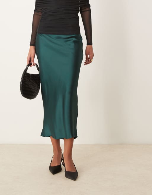 Gina Tricot satin midi skirt in dark green ASOS