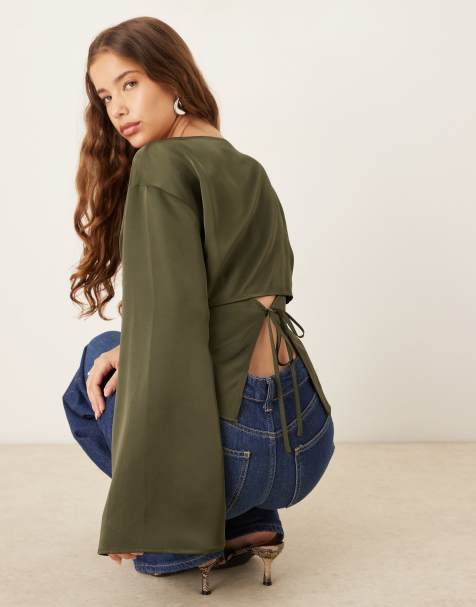Gina Tricot satin open back blouse in khaki green - view 1