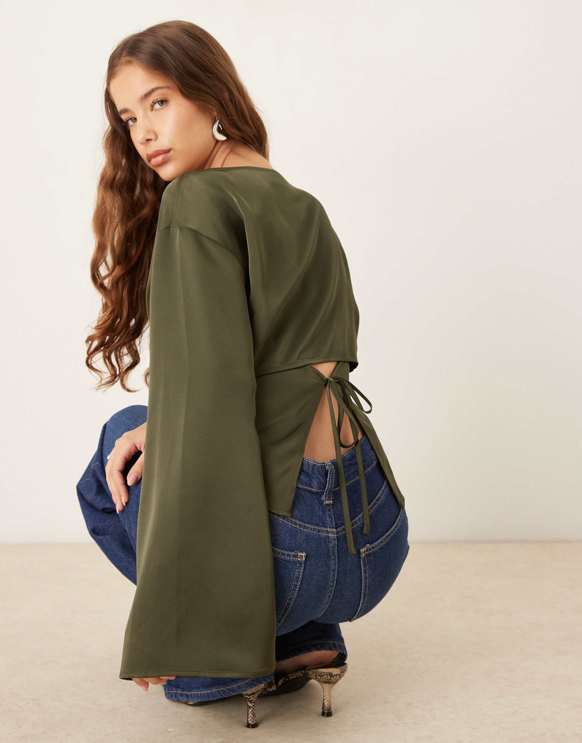 gina tricot satin open back blouse in khaki green
