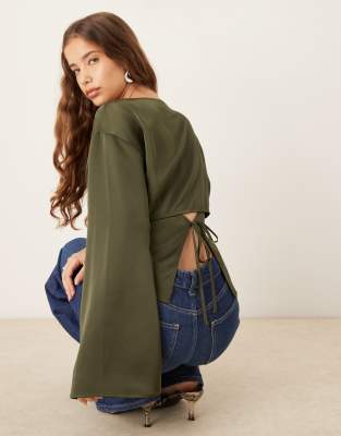 Gina Tricot Satin Open Back Blouse In Green