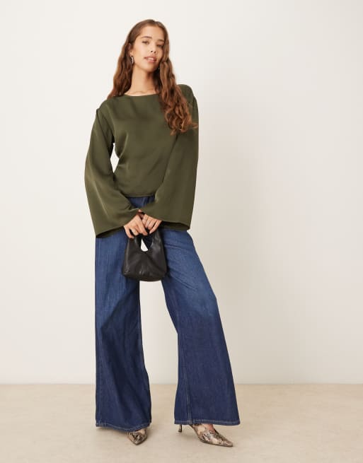 Gina Tricot satin open back blouse in khaki, 2 of 4
