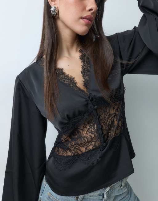 Gina Tricot Satin-Spitzenbluse in Schwarz, 5 von 5