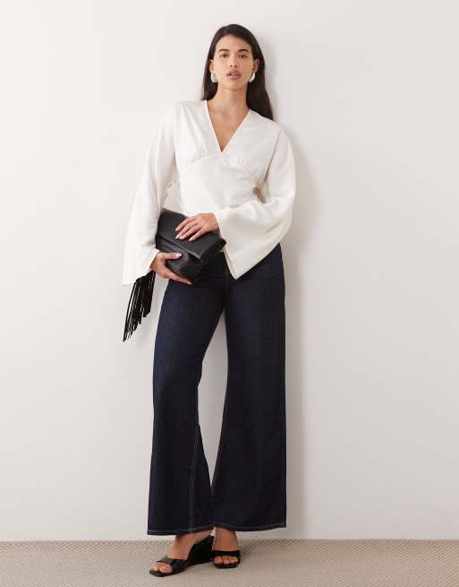 Gina Tricot satin v neck long sleeve blouse in off white, 2 of 4