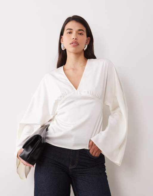 Gina Tricot satin v neck long sleeve blouse in off white, 4 of 4