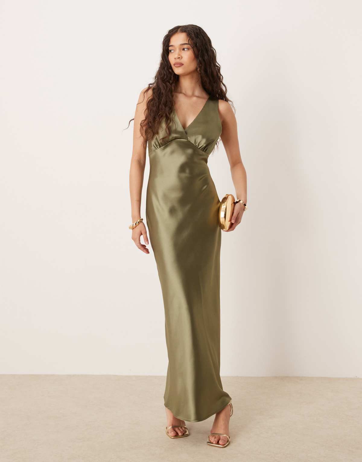 Gina Tricot satin v neck shape maxi dress in khaki