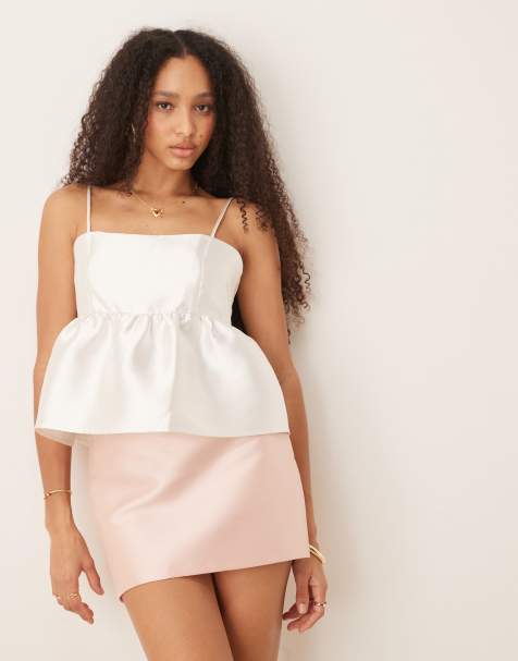 Gina Tricot satin volume peplum top in off white - view 1
