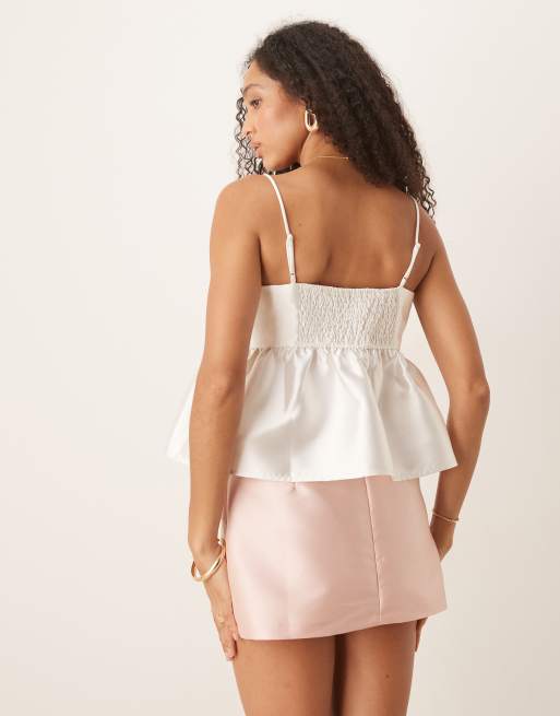 Gina Tricot satin volume peplum top in off-white, 3 of 4
