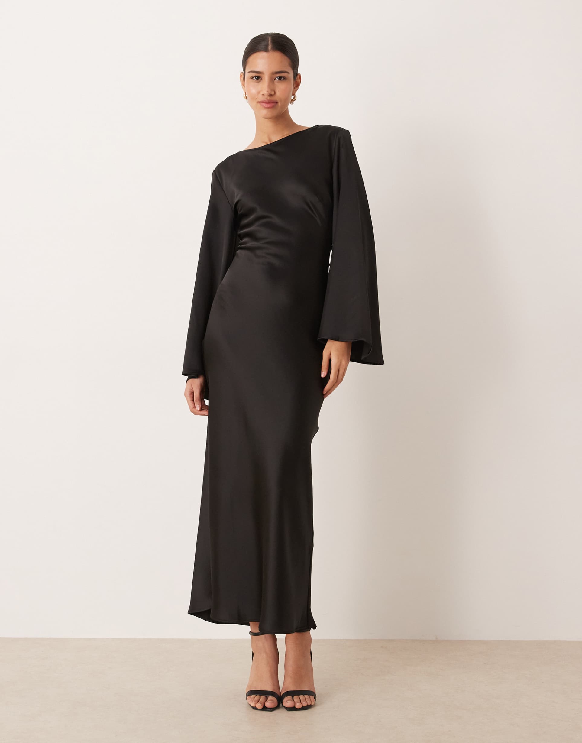 gina tricot satin wide sleeve maxi dress in black