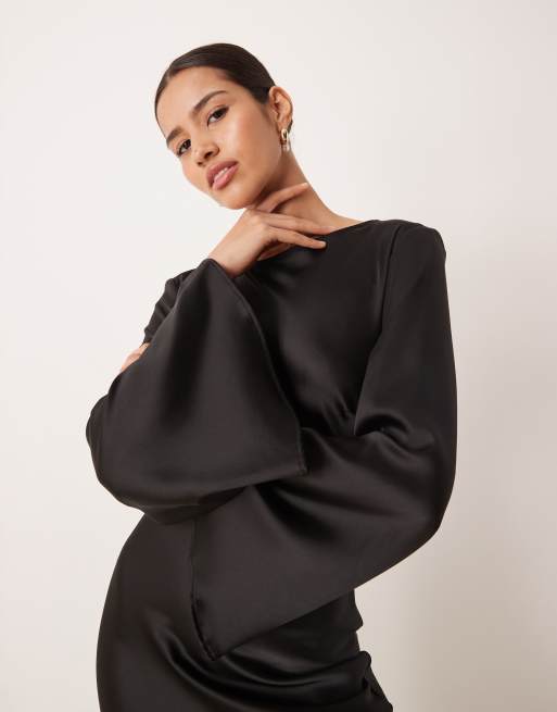 Gina Tricot satin wide sleeve maxi dress in black | ASOS