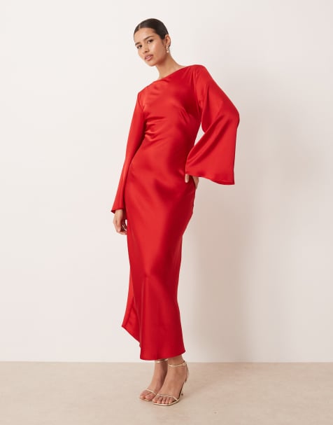 Gina Tricot satin wide sleeve maxi dress in pomegrante dark red - view 1