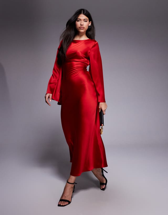 dark red flowy dress Gina Tricot satin wide sleeve maxi in pomegrante Shearling Sparkles Edit