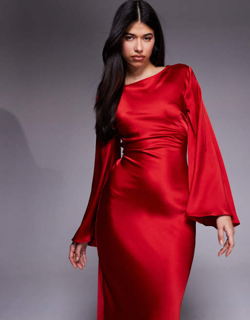 Gina Tricot Satin Wide Sleeve Maxi Dress in Pomegrante Dark Red