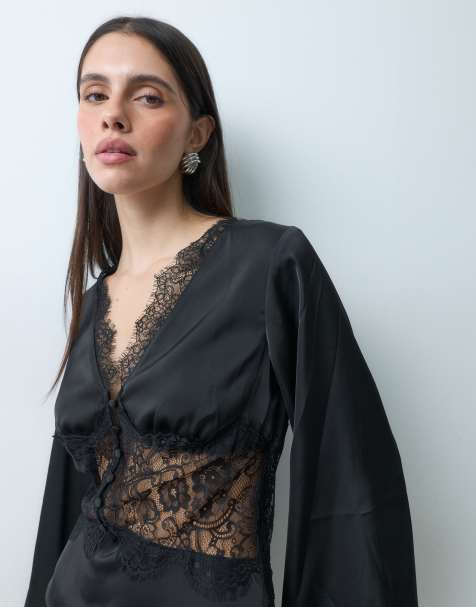 Gina Tricot satinbluse med blonder i sort - view 1