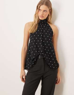 Gina Tricot - Schal-Oberteil aus Netzstoff in Schwarz mit Neckholder und Polka Dots