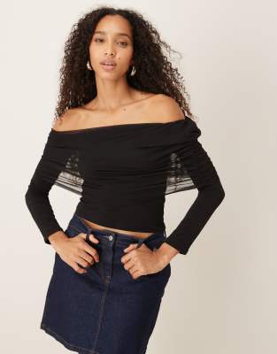 Gina Tricot - Schulterfreies Netzstoff-Oberteil in Schwarz
