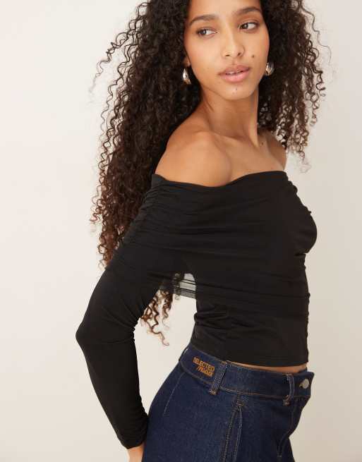 Gina Tricot – Schulterfreies Netzstoff-Oberteil in Schwarz, 2 von 4