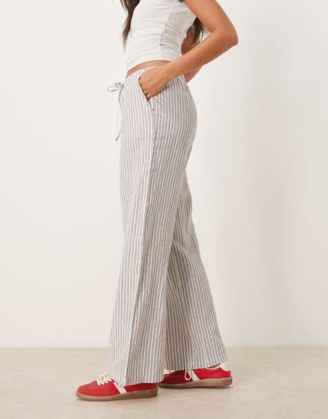 Gina Tricot wide leg linen trousers with drawstring waist in grey stripe