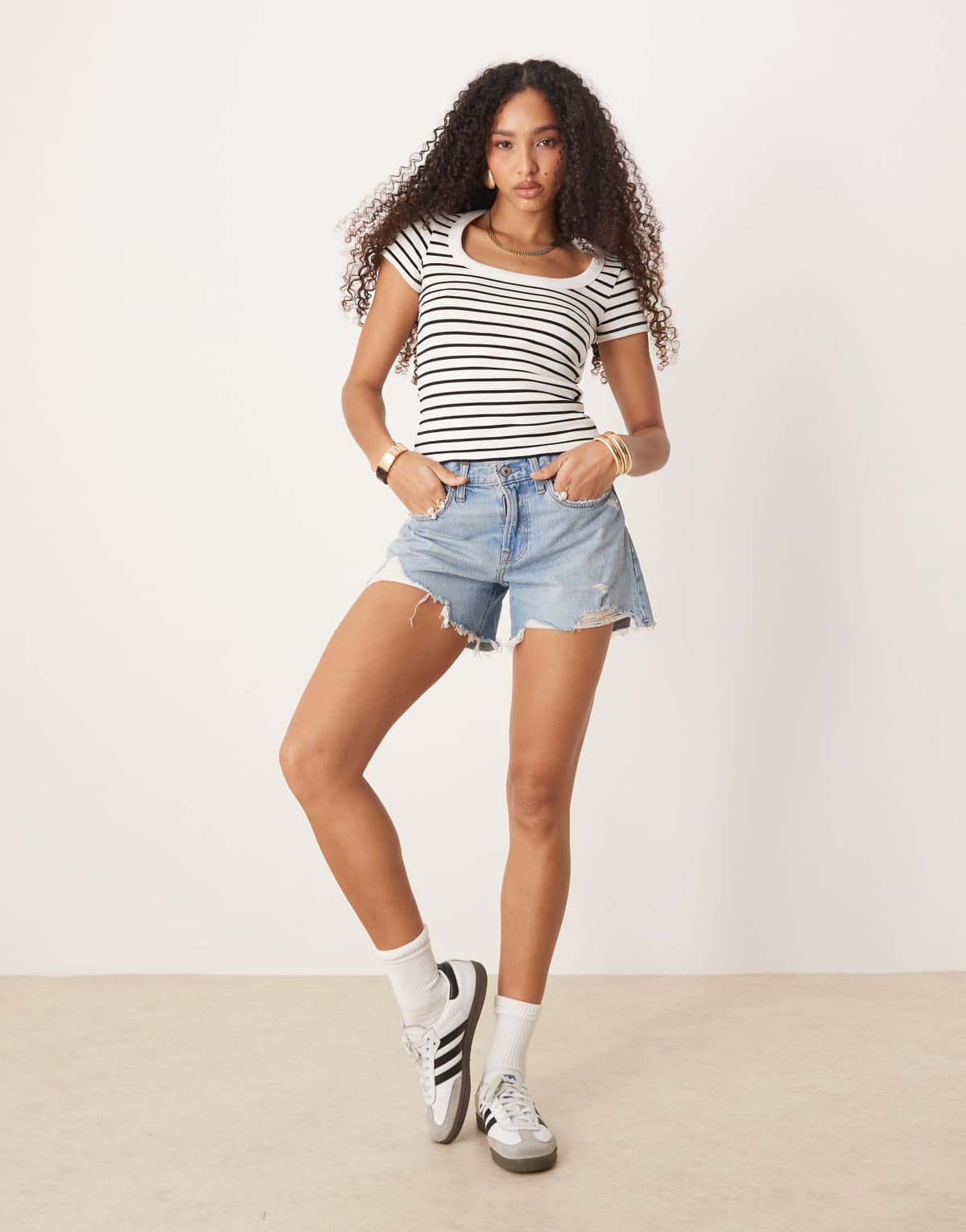 Gina Tricot scoop neck slim fit short sleeve rib top in black and white stripe