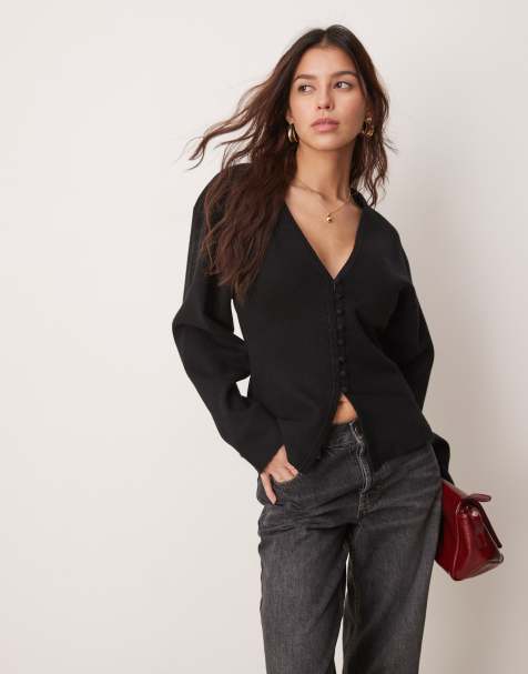 Gina Tricot sculpt shaped knit button up cardigan in black