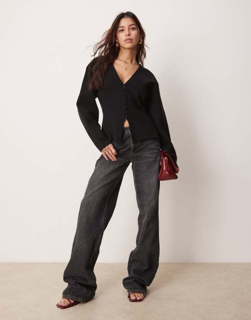 Gina Tricot sculpt shaped knit button up cardigan in black