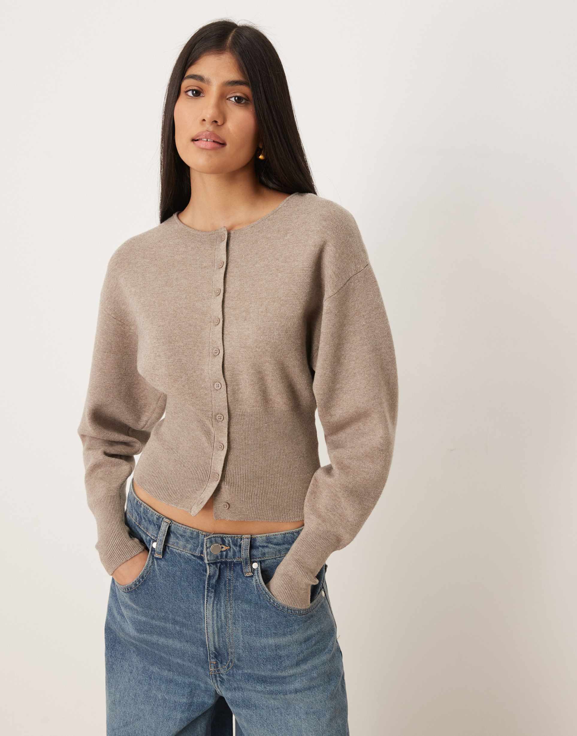 gina tricot sculpt shaped knit button up cardigan in brown melange