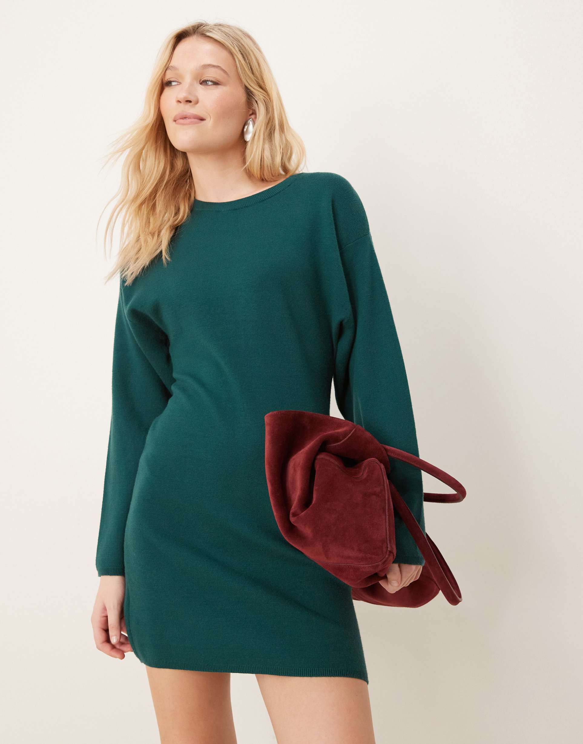 gina tricot sculpted crew neck knit mini dress in dark green
