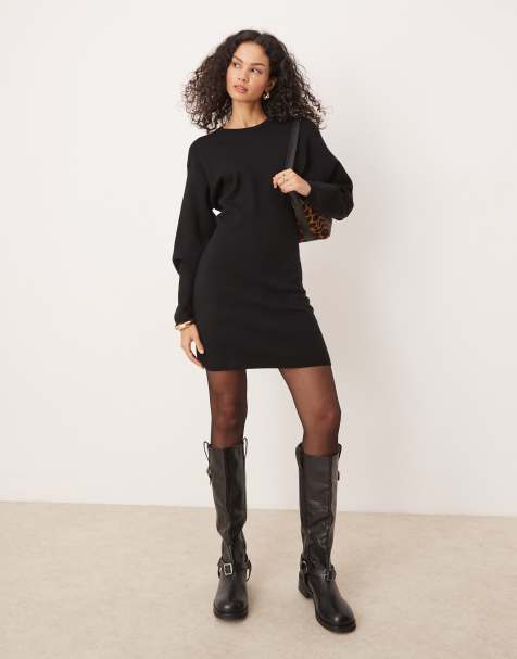 Gina Tricot sculpted crew neck knitted mini dress in black - view 1