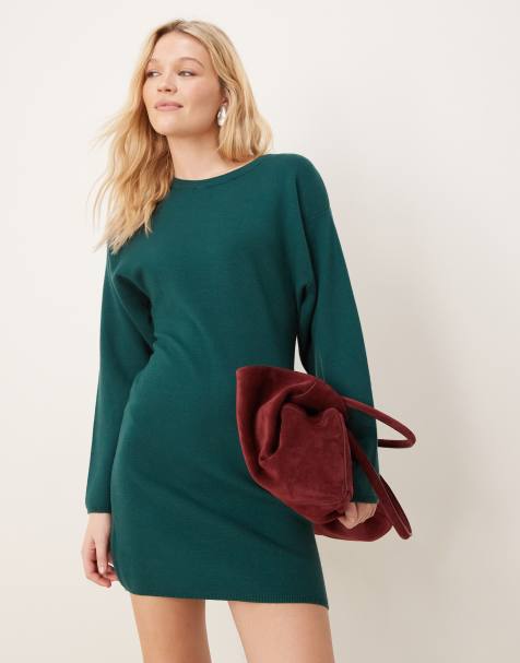 Gina Tricot sculpted crew neck knitted mini dress in dark green - view 1
