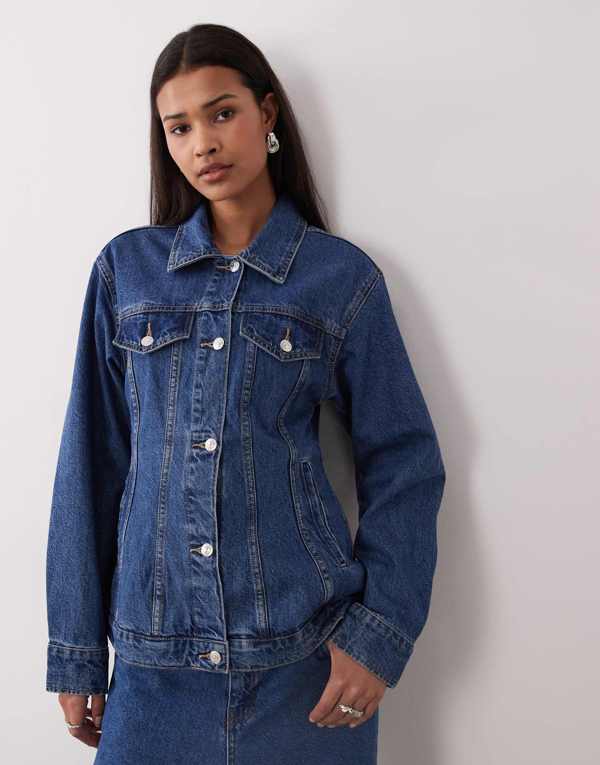 gina tricot sculpted denim jacket in mid blue rinse