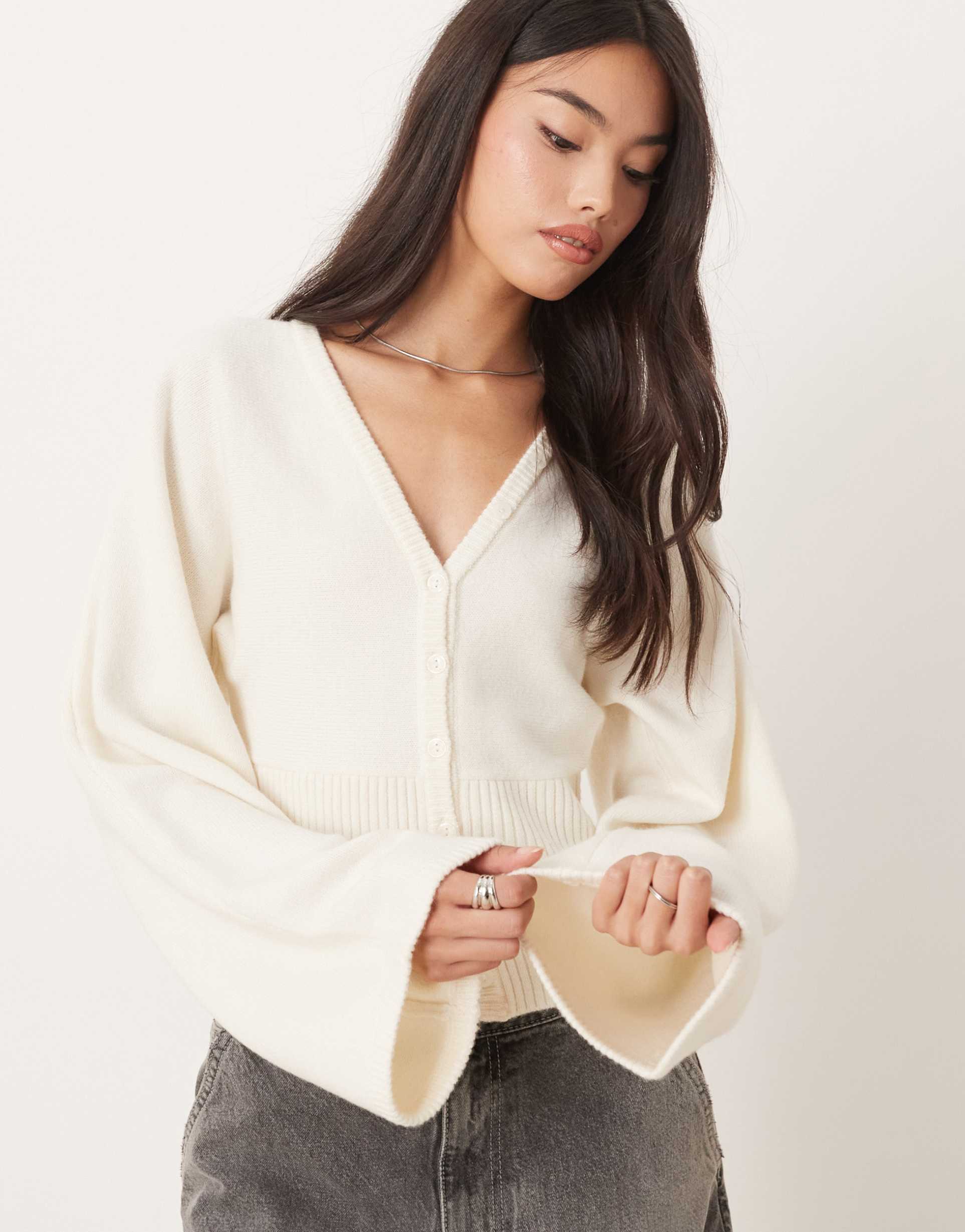 gina tricot sculpted fit waist knit cardigan in cream