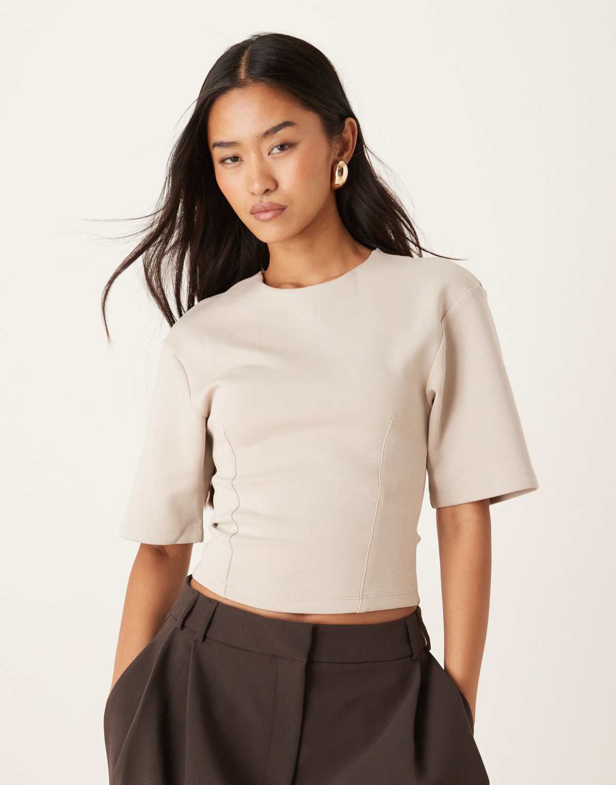 Gina Tricot sculpted waist wide short sleeve top in black