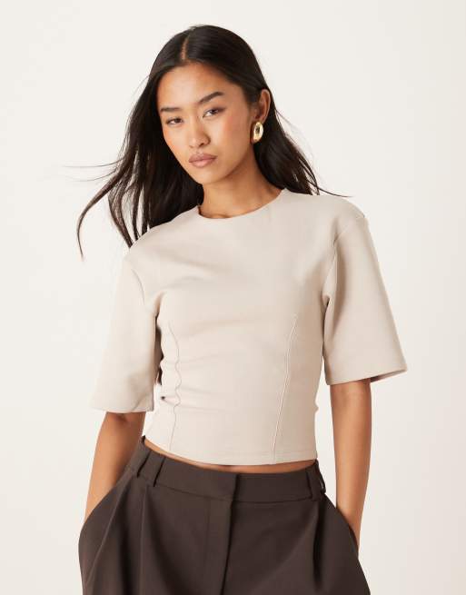 Gina Tricot sculpted waist wide short sleeve top in black